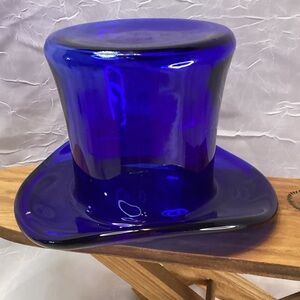 Fenton Cobalt Blue Glass Top Hat Vase Trinket Box Window Decor 4"x5.5" Signed